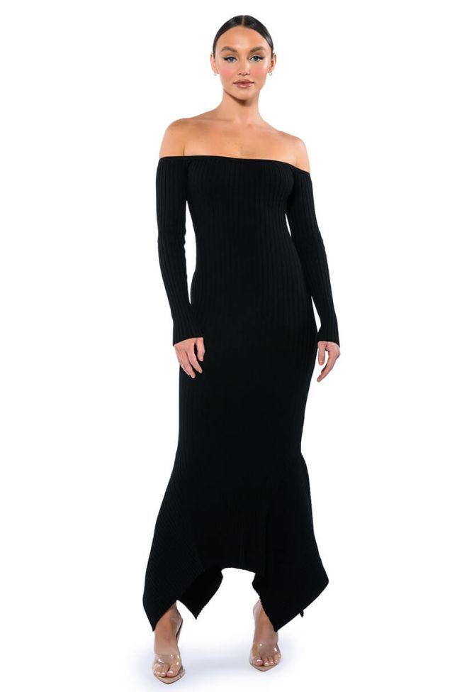 Back View Pixie Long Sleeve Off The Shoulder Knit Midi Stress