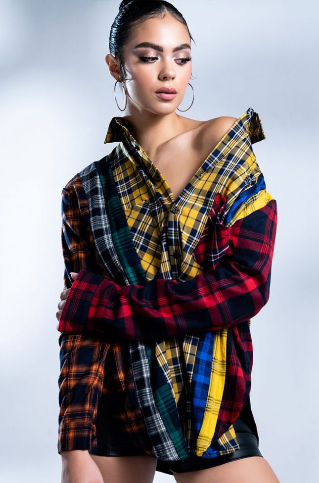 Front View Plaid Obsession Long Sleeve Blouse