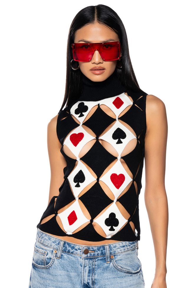 Front View Playing Cards Turtleneck Cut Out Knit Top