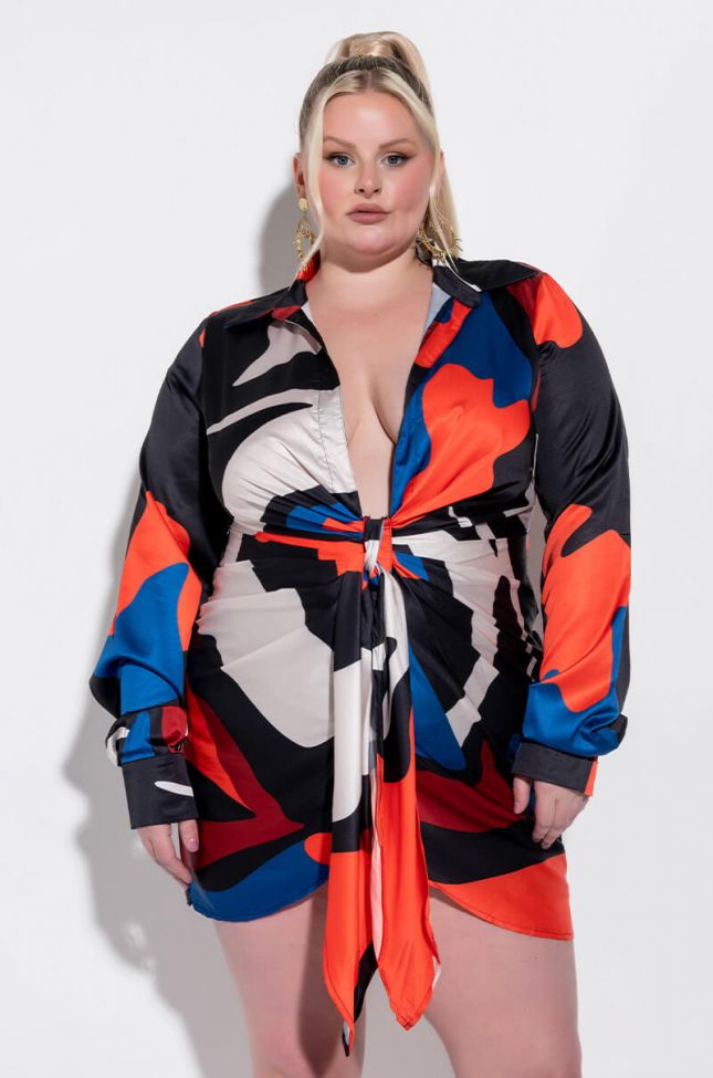 Front View Plus Abstract Satin Shirt Dress