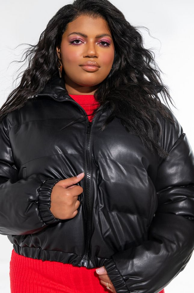 Front View Plus All Black Pleather Puffer Jacket