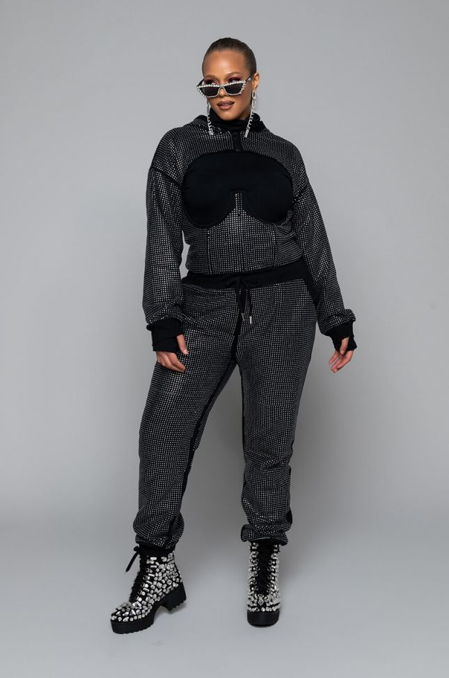 Front View Plus As If Rhinestone Corset Jogger in Black