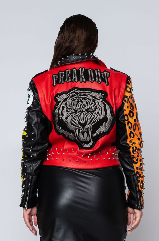  Plus Azalea Wang Extended Size Freak Out Patch Moto Jacket in Red Multi