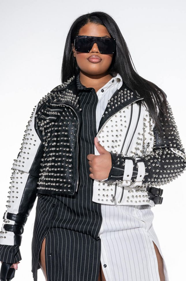 Front View Plus Azalea Wang Unisex Studded Out Black And White Moto