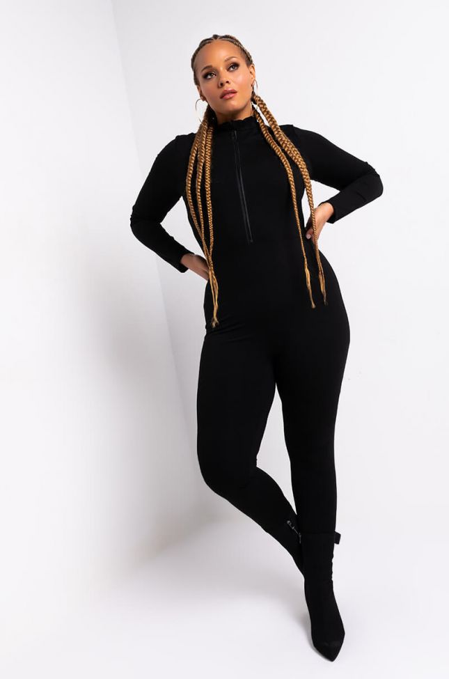 Front View Plus Back To Basics Long Sleeve Front Zip Jumpsuit in Black