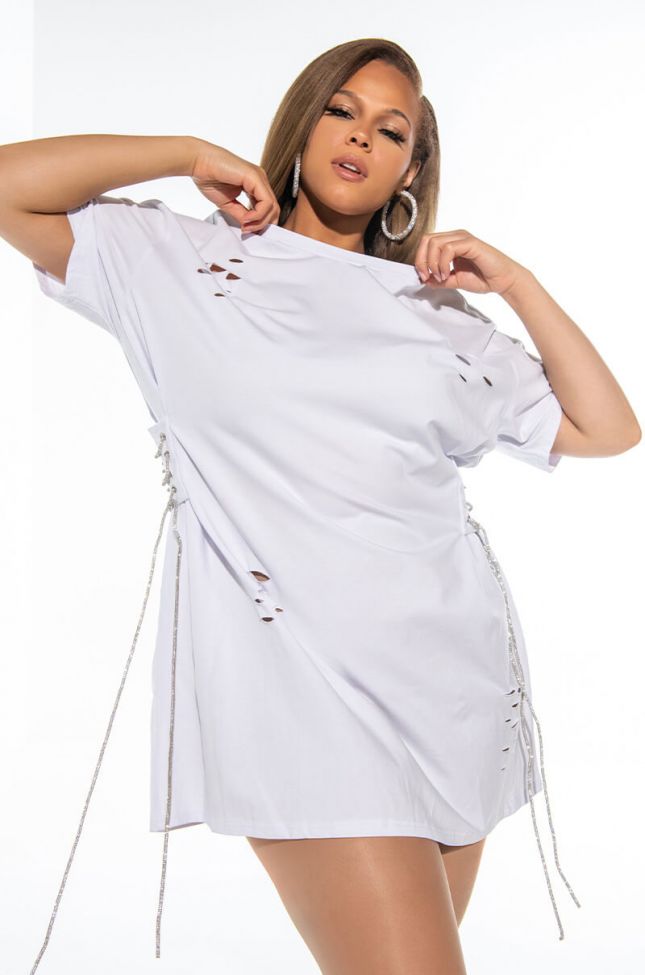 Front View Plus I Dont Care T Shirt Dress With Rhinestone Tie