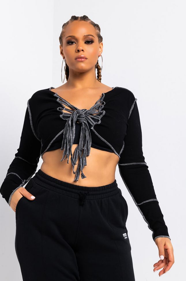 Front View Plus Its Called Magic Tie Front Contrast Trim Crop Top in Black White