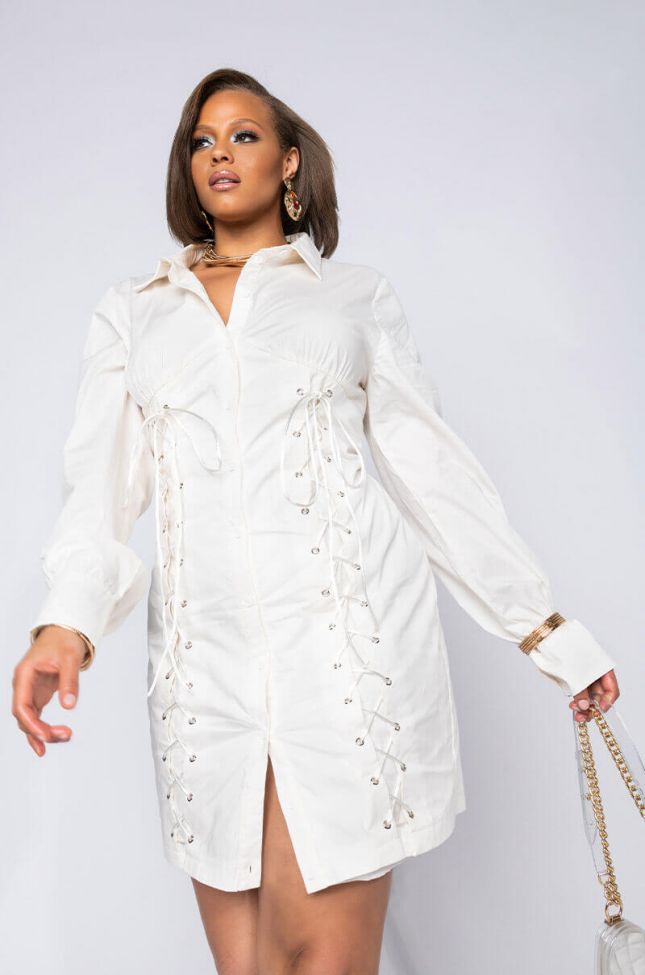 Full View Plus Let It Be Known Mini Dress With Lace Up And Bishop Sleeves in White