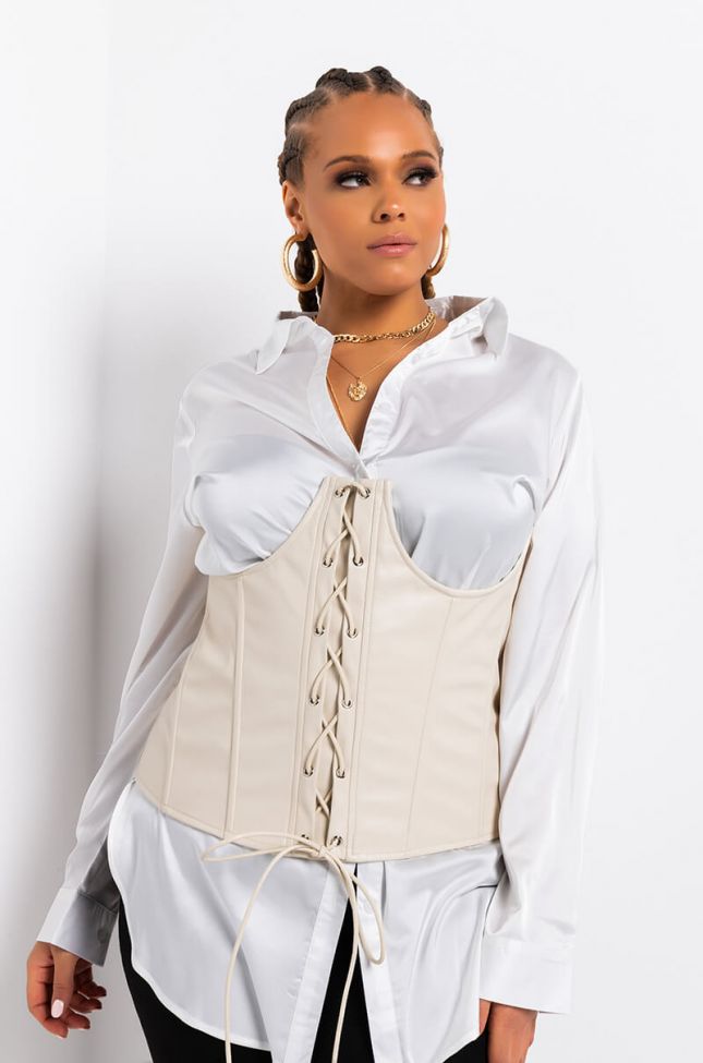 Front View Plus Little Do You Know Pu Corset in Ivory