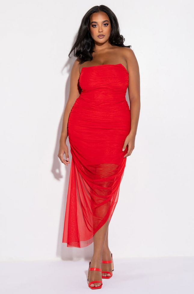 Front View Plus Love Me More Tube Ruched Mesh Midi Dress