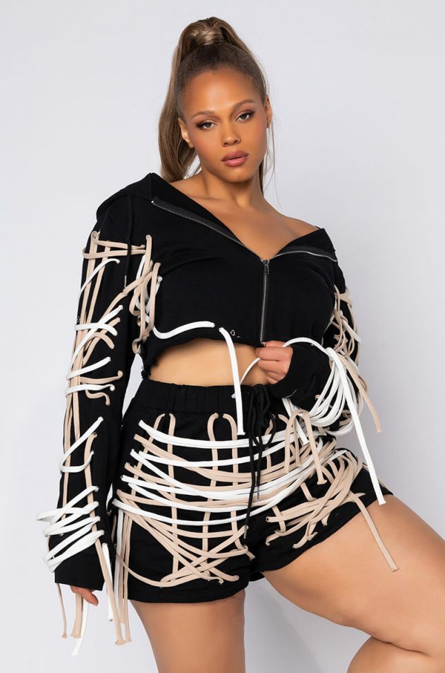 Front View Plus No Rush Crop Lace Up Sweater in Black White