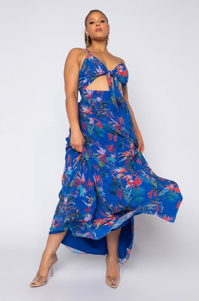 Front View Plus Paradise Falls Tie Front Maxi Dress in Blue