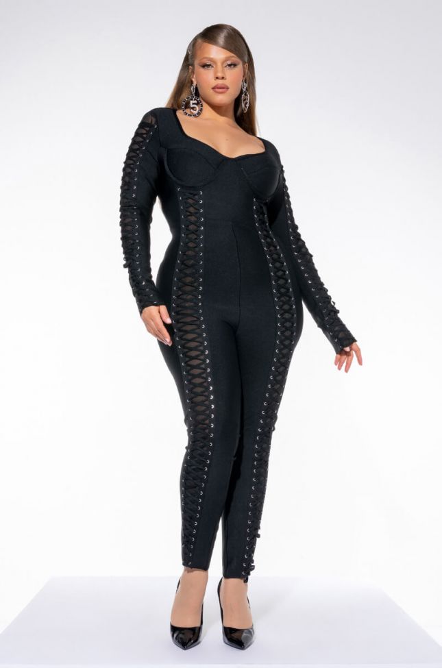 Front View Plus Queen Of Luxe Bandage Lace Up Jumpsuit