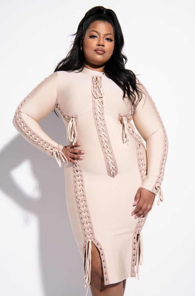 Front View Plus Right My Wrongs Multi Lace Up Bandage Knit Midi Dress