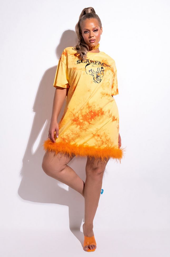 Extra View Plus Scarface Tie Dye T Shirt Dress With Feather Trim
