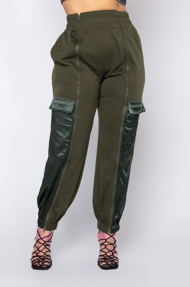 Front View Plus Size Call Me Later Zipper Jogger  in Olive