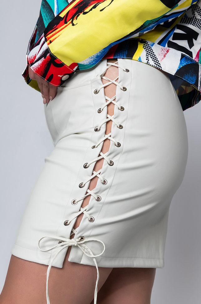 Detail View Plus Size Lets Stay Together Pleather Lace Up Skirt Skinless in White