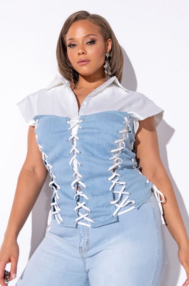 Front View Plus Tie Me Up Laced Corset in Light Blue Denim