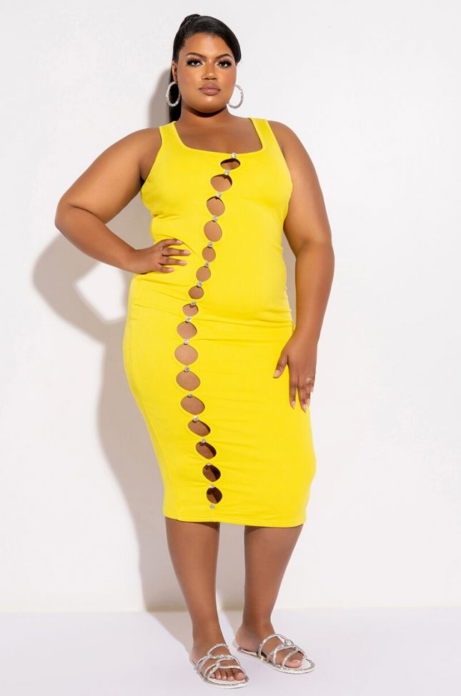 Front View Plus Tulum Cut Out Rhinestone Ribbed Midi Dress