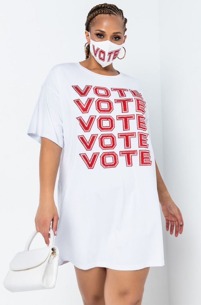 Front View Plus Vote Vote Vote Rhinestone T-shirt Dress in White