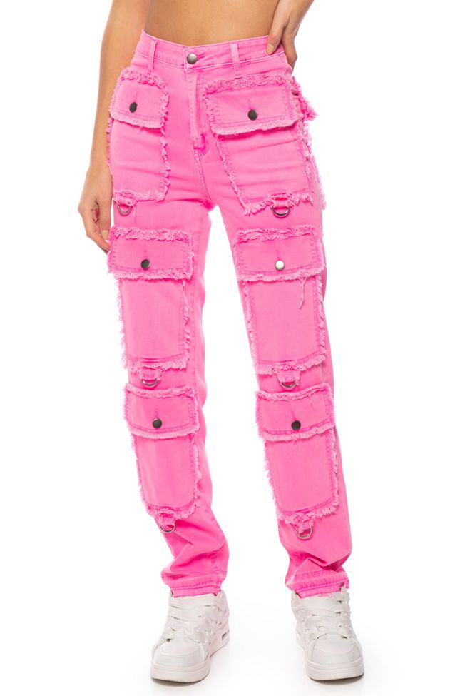 Front View Pocket Full Of Sunshine Cargo Jeans In Hot Pink