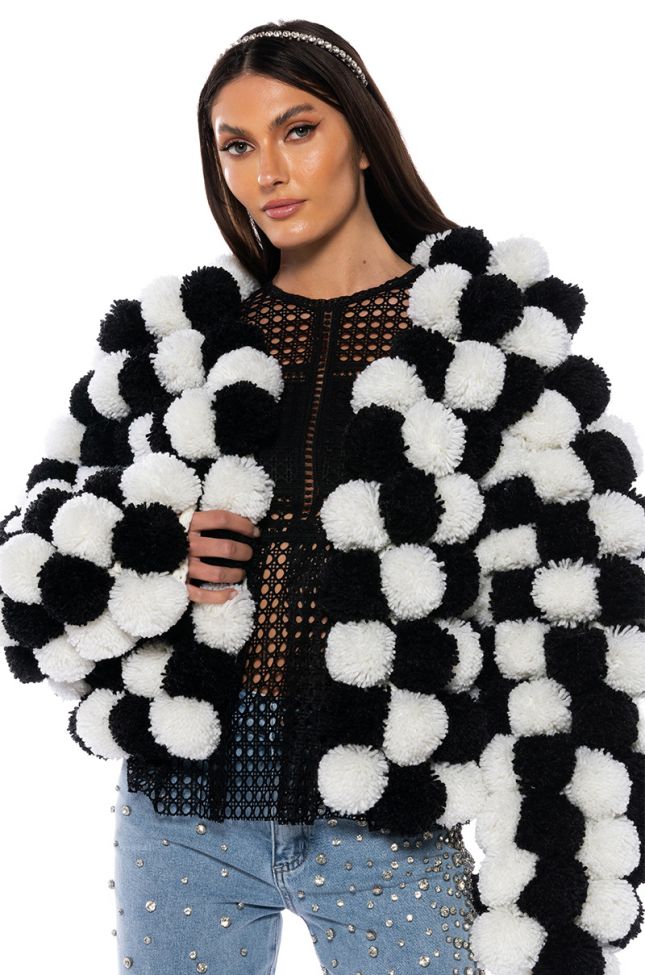 Front View Pom Pom Black And White Cardigan