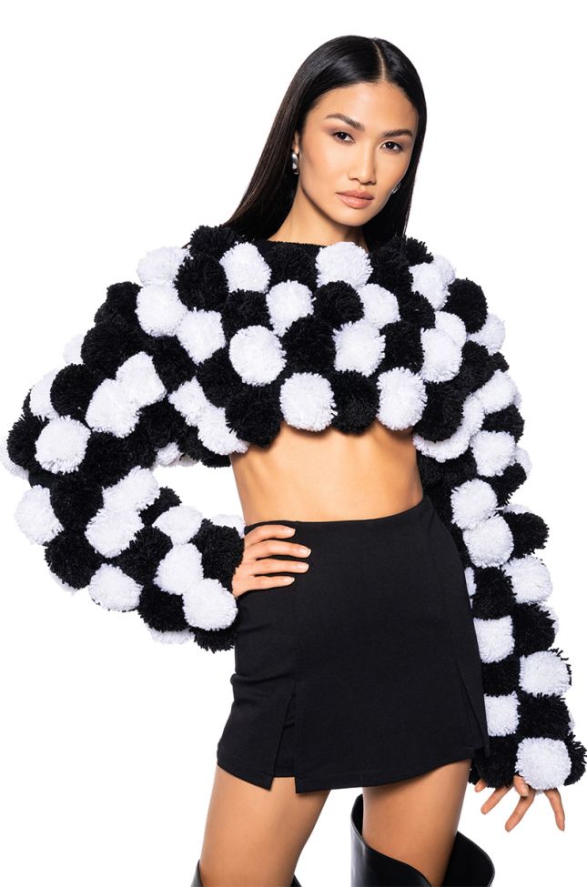 Front View Pom Pom Cropped Long Sleeve Sweater