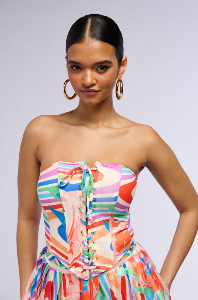 Front View Pool Party Printed Corset Top