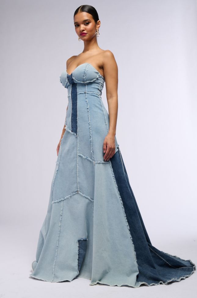 Side View Pop Princess Patchwork Denim Strapless Maxi Dress