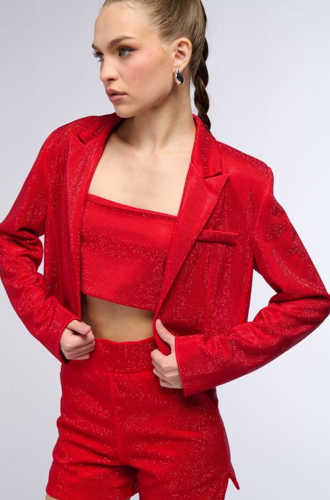 Front View Pop Star Hot Fix Rhinestone Cropped Blazer In Red