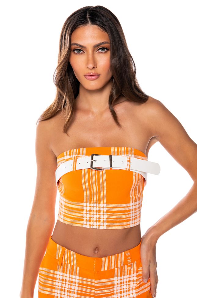 Front View Popsicle Bright Belted Plaid Crop Top