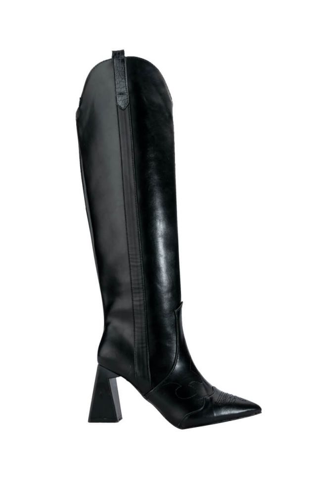 Back View Posted Black Knee High Western Boot