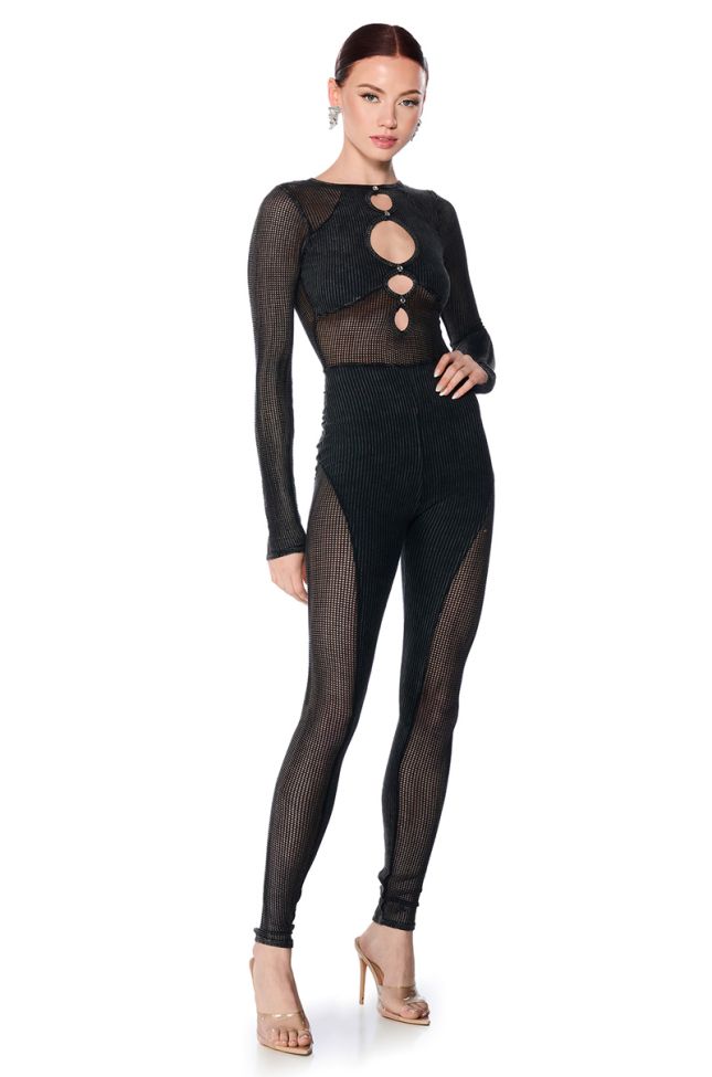 Front View Poster Girl Mesh Knit Cutout Jumpsuit