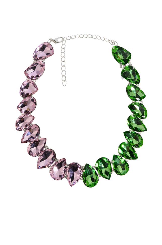 Side View Pretty In Pink N Green Rhinestone Necklace