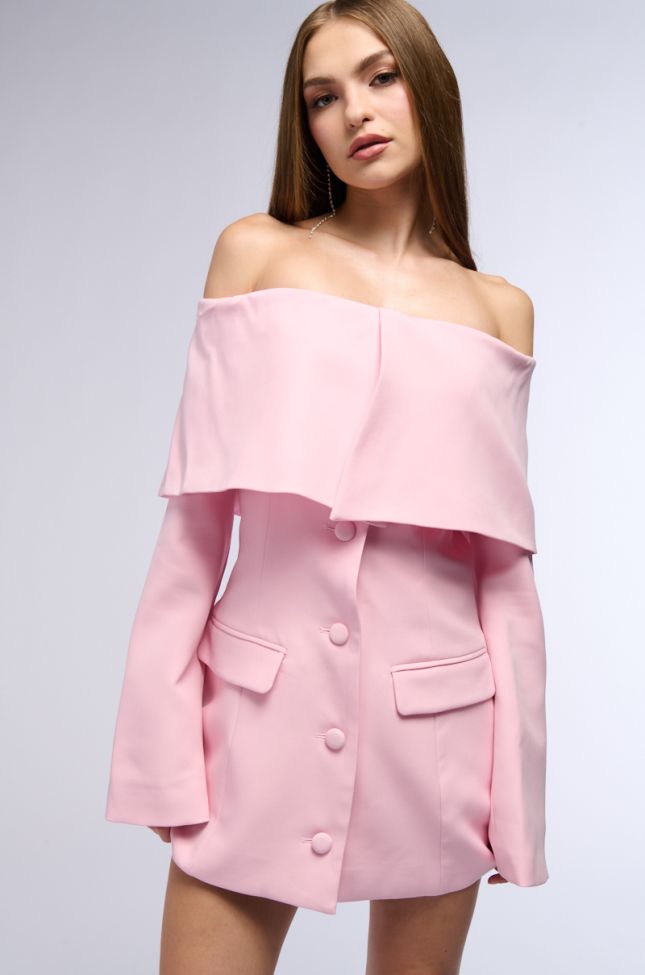 Front View Pretty In Pink Off The Shoulder Blazer Dress