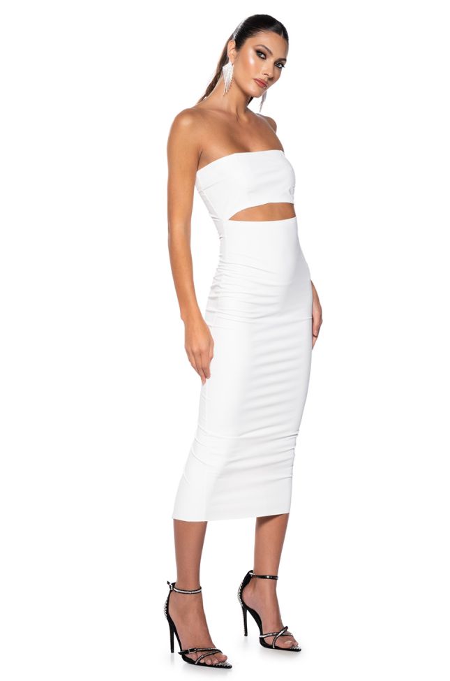 Front View Pretty Lady Pleather Midi Dress With Cut Out In White