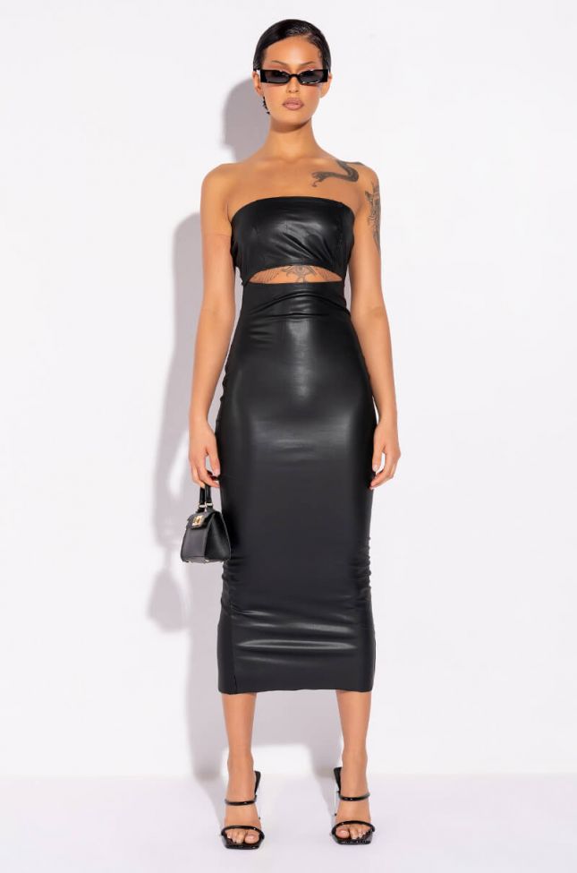 Front View Pretty Lady Pleather Midi Dress With Cut Out