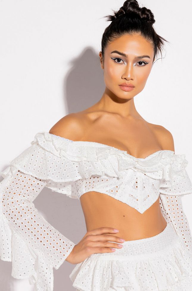 PRETTY LIL THANG EYELET OFF THE SHOULDER BLOUSE