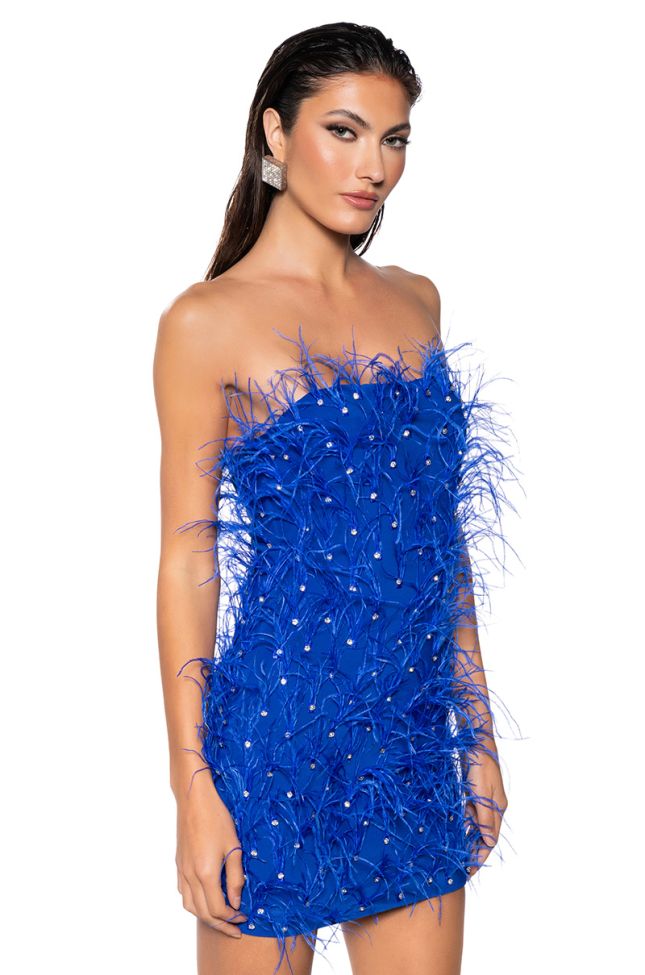 Extra View Primrose Strapless Embellished Feather Mini Dress In Blue