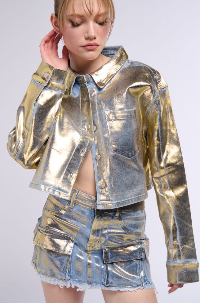 Front View Proceed With Caution Metallic Denim Button Down