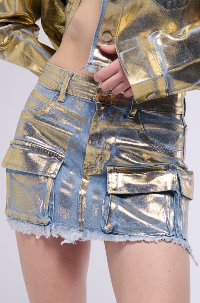 Extra View Proceed With Caution Metallic Denim Mini Skirt