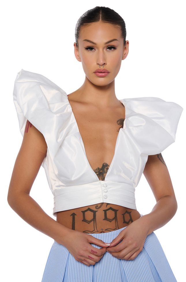 Front View Puff Shoulder Cropped Blouse In White