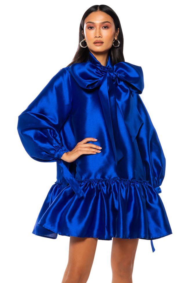 Front View Puff Sleeve Drop Waist Mini Dress Royal Blue