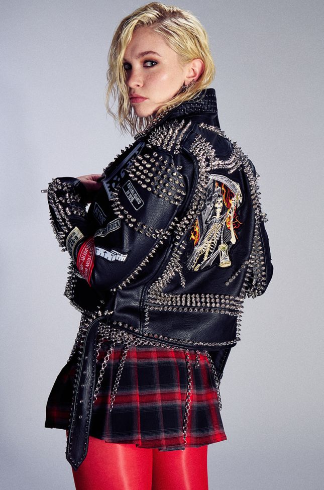 Extra View Punk Rock Studded Patchwork Moto Jacket
