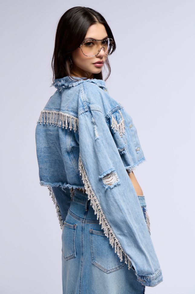 Side View Pure Happiness Rhinestone Cropped Denim Jacket In Blue