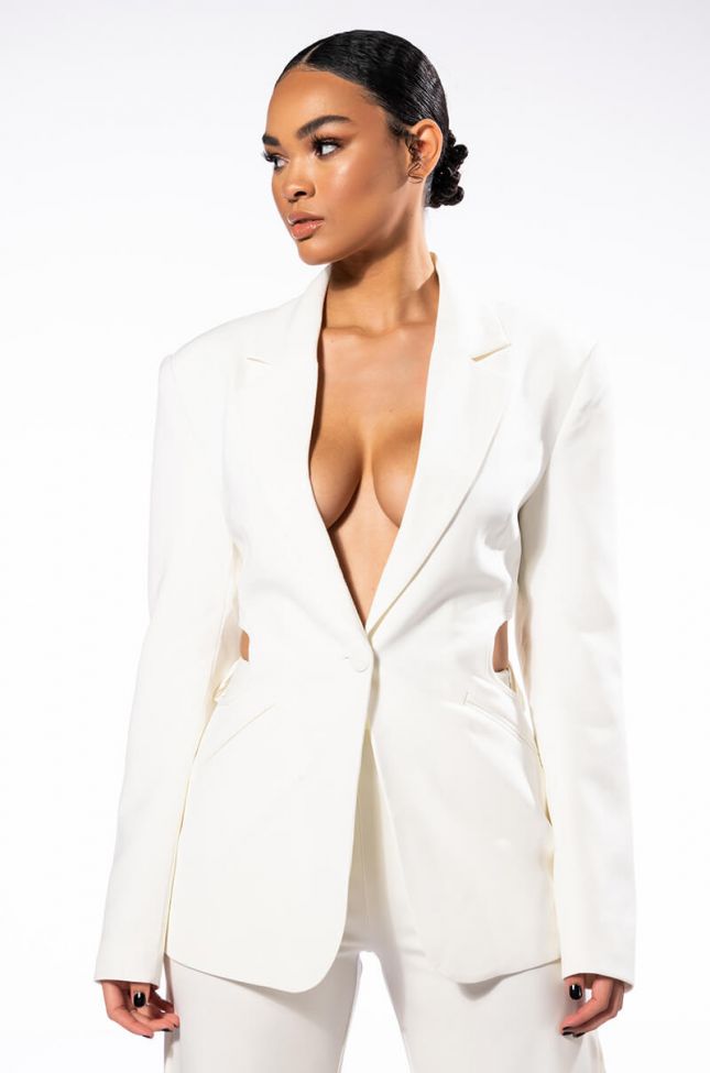 Front View Put On A Happy Face White Cut Out Blazer