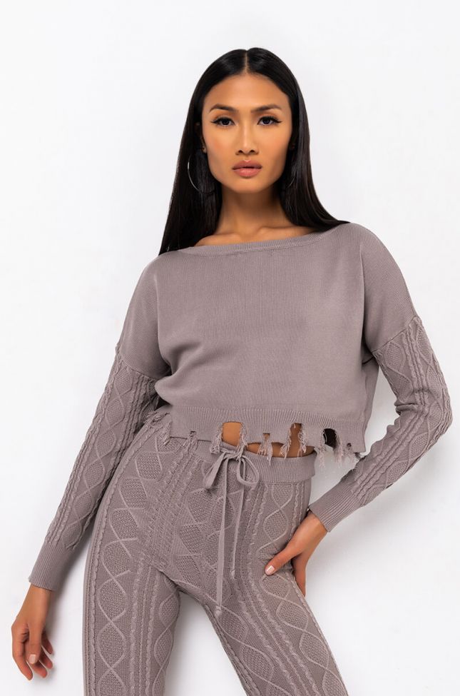 Front View Queen Of Cozy Cable Knit Detail Sweater in Grey