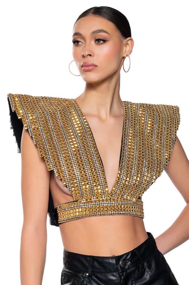 Front View Queen Of Everything Gold Embellished High Shoulder Top