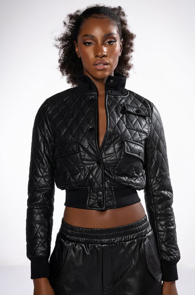 Front View Quilted Chocolate Pu Bomber