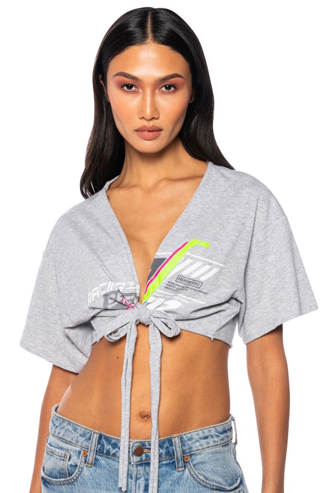 Front View Race To Your Heart Tie Front Tshirt In Heather Grey
